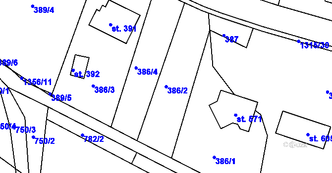 Parcela st. 386/2 v KÚ Řetová, Katastrální mapa