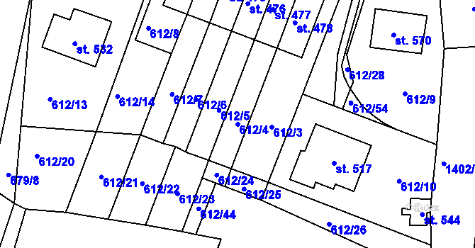 Parcela st. 612/4 v KÚ Řetová, Katastrální mapa