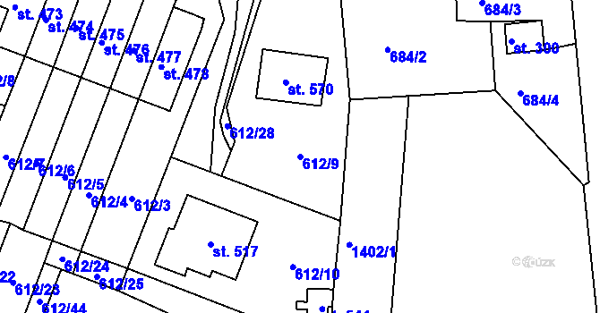 Parcela st. 612/9 v KÚ Řetová, Katastrální mapa