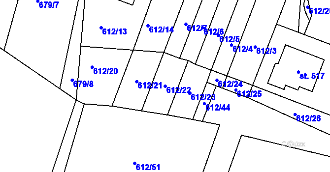 Parcela st. 612/22 v KÚ Řetová, Katastrální mapa