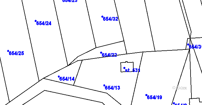 Parcela st. 654/22 v KÚ Řetová, Katastrální mapa