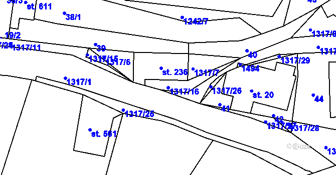 Parcela st. 1317/16 v KÚ Řetová, Katastrální mapa