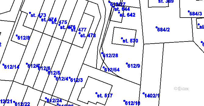 Parcela st. 612/28 v KÚ Řetová, Katastrální mapa