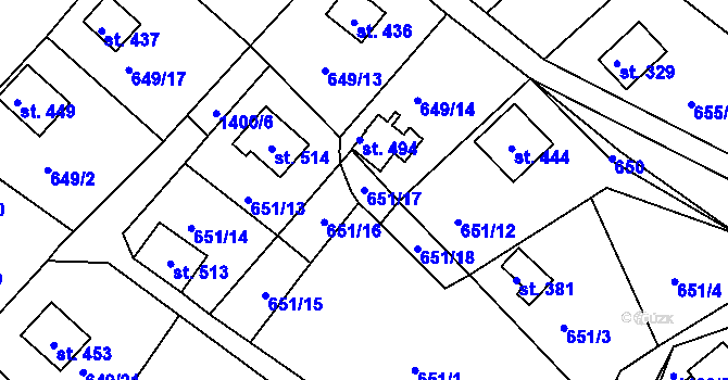 Parcela st. 651/17 v KÚ Řetová, Katastrální mapa