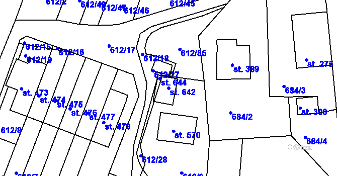 Parcela st. 642 v KÚ Řetová, Katastrální mapa