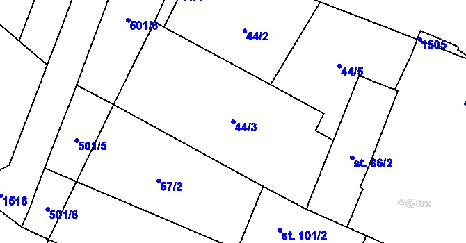 Parcela st. 44/3 v KÚ Řevnov, Katastrální mapa
