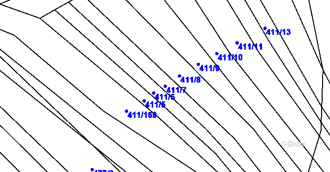 Parcela st. 411/7 v KÚ Řeznovice, Katastrální mapa