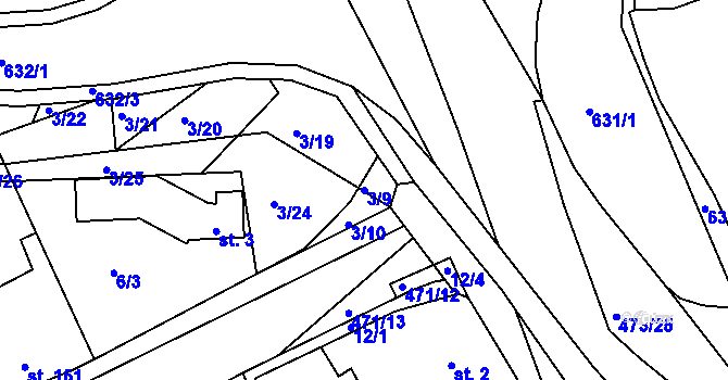 Parcela st. 3/9 v KÚ Říčany-Radošovice, Katastrální mapa