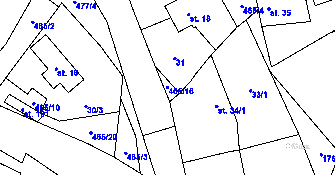 Parcela st. 465/16 v KÚ Voděrádky, Katastrální mapa