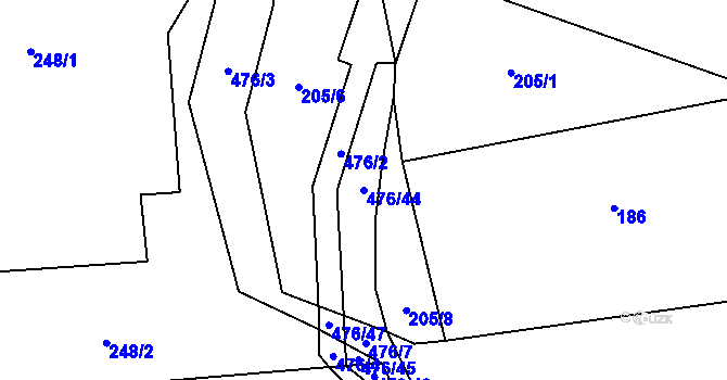 Parcela st. 476/44 v KÚ Voděrádky, Katastrální mapa