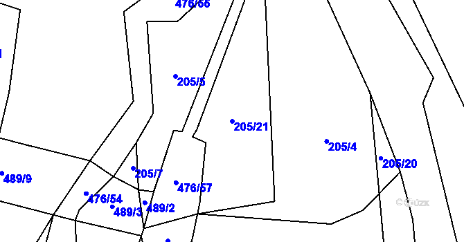 Parcela st. 205/21 v KÚ Voděrádky, Katastrální mapa