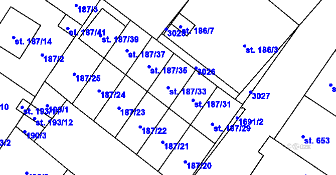 Parcela st. 187/33 v KÚ Sadská, Katastrální mapa