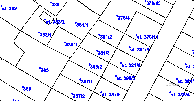 Parcela st. 381/3 v KÚ Sadská, Katastrální mapa
