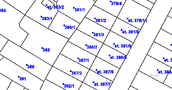 Parcela st. 386/2 v KÚ Sadská, Katastrální mapa