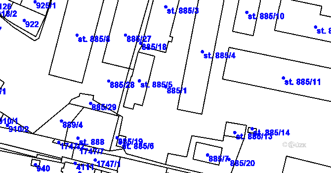 Parcela st. 885/1 v KÚ Sadská, Katastrální mapa