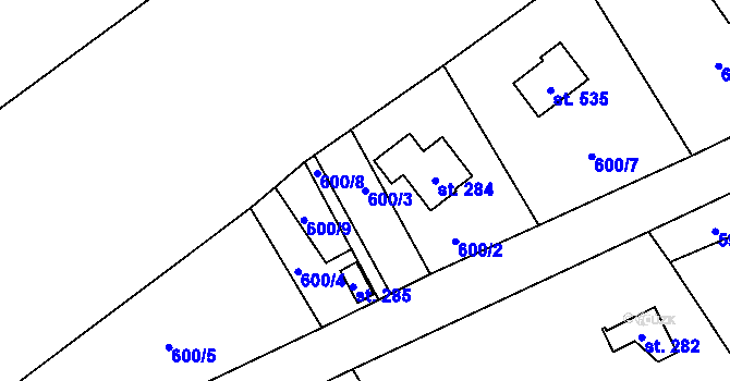 Parcela st. 600/3 v KÚ Samopše, Katastrální mapa