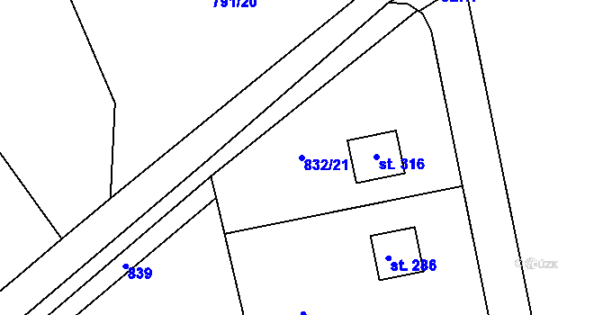 Parcela st. 832/21 v KÚ Sány, Katastrální mapa