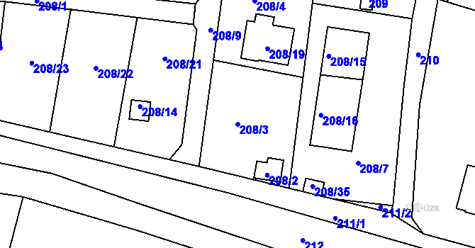 Parcela st. 208/3 v KÚ Sebuzín, Katastrální mapa