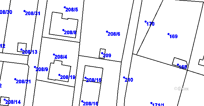 Parcela st. 209 v KÚ Sebuzín, Katastrální mapa