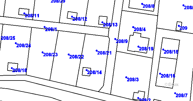 Parcela st. 208/21 v KÚ Sebuzín, Katastrální mapa