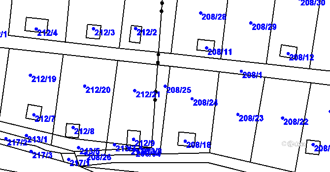 Parcela st. 208/25 v KÚ Sebuzín, Katastrální mapa