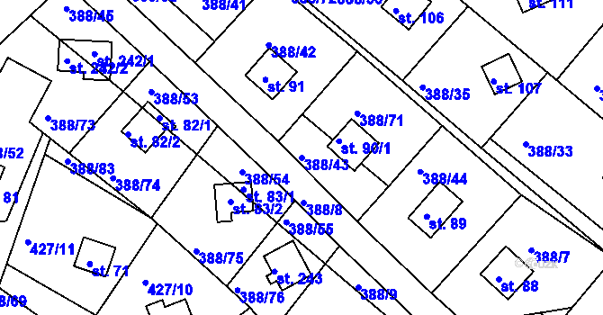 Parcela st. 388/43 v KÚ Proseč u Seče, Katastrální mapa