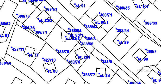 Parcela st. 388/55 v KÚ Proseč u Seče, Katastrální mapa