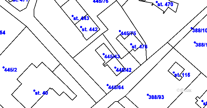 Parcela st. 445/43 v KÚ Proseč u Seče, Katastrální mapa