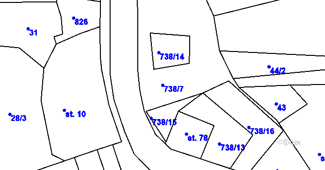 Parcela st. 738/7 v KÚ Prosíčka u Seče, Katastrální mapa
