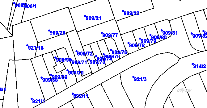 Parcela st. 909/75 v KÚ Sedlčany, Katastrální mapa