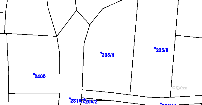 Parcela st. 205/1 v KÚ Vlhlavy, Katastrální mapa