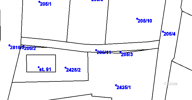 Parcela st. 205/11 v KÚ Vlhlavy, Katastrální mapa