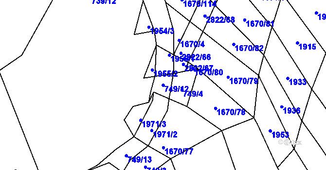 Parcela st. 749/12 v KÚ Sedlejov, Katastrální mapa