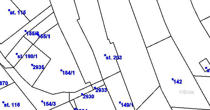 Parcela st. 203 v KÚ Sehradice, Katastrální mapa