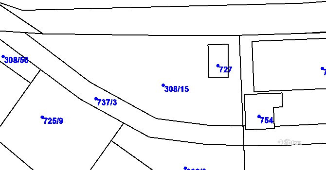 Parcela st. 308/15 v KÚ Selmice, Katastrální mapa