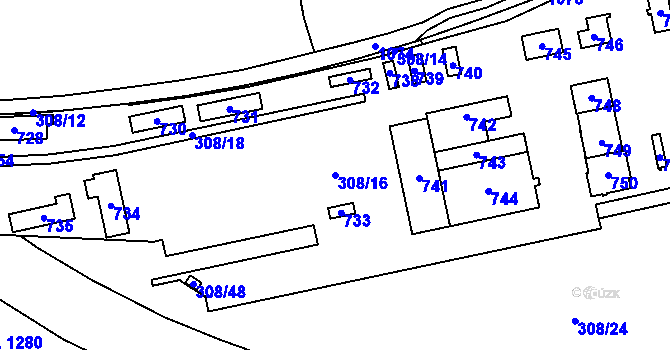 Parcela st. 308/16 v KÚ Selmice, Katastrální mapa