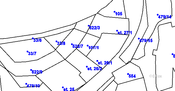 Parcela st. 107/1 v KÚ Seménkovice, Katastrální mapa