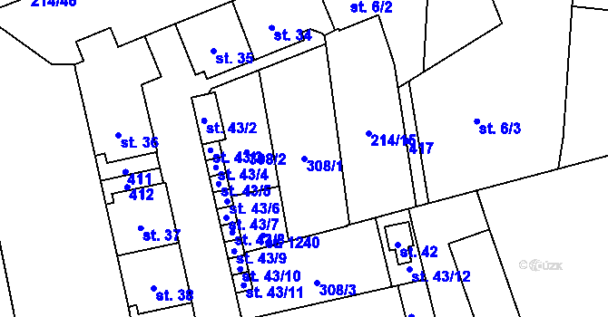 Parcela st. 308/1 v KÚ Semtín, Katastrální mapa