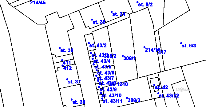 Parcela st. 308/2 v KÚ Semtín, Katastrální mapa