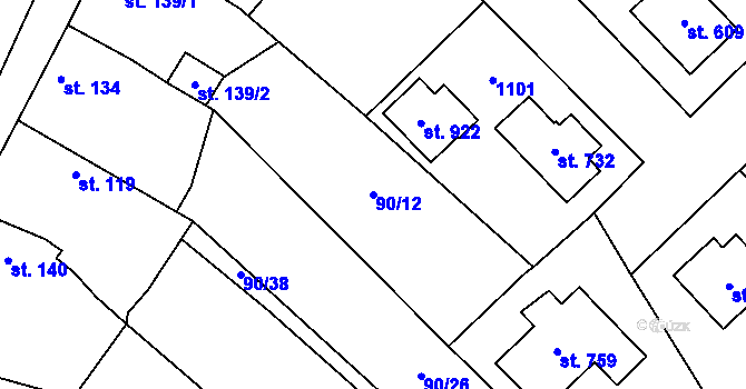 Parcela st. 90/12 v KÚ Sendražice u Kolína, Katastrální mapa