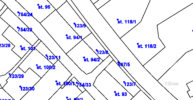 Parcela st. 123/8 v KÚ Senetářov, Katastrální mapa