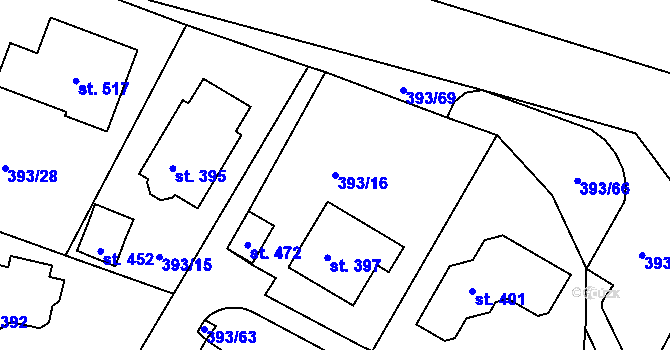 Parcela st. 393/16 v KÚ Senomaty, Katastrální mapa