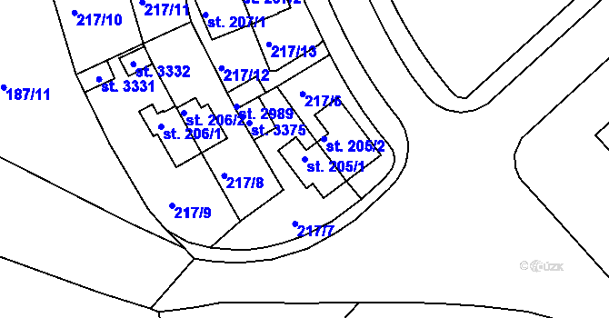 Parcela st. 205/1 v KÚ Sezimovo Ústí, Katastrální mapa