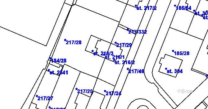 Parcela st. 216/1 v KÚ Sezimovo Ústí, Katastrální mapa