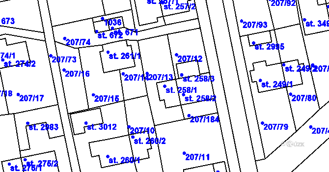 Parcela st. 258/1 v KÚ Sezimovo Ústí, Katastrální mapa