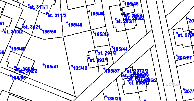 Parcela st. 293/2 v KÚ Sezimovo Ústí, Katastrální mapa