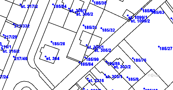 Parcela st. 305/1 v KÚ Sezimovo Ústí, Katastrální mapa