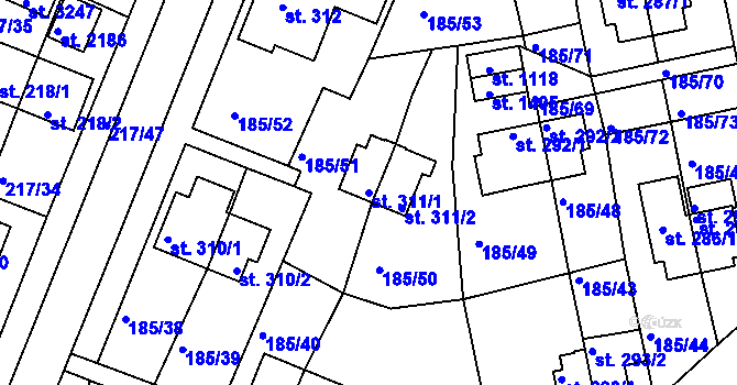 Parcela st. 311/1 v KÚ Sezimovo Ústí, Katastrální mapa