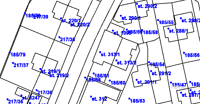 Parcela st. 313/1 v KÚ Sezimovo Ústí, Katastrální mapa
