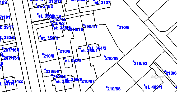 Parcela st. 364/2 v KÚ Sezimovo Ústí, Katastrální mapa